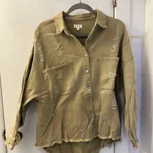 POL Olive Button-Up shirt jacket with Distressed Accents